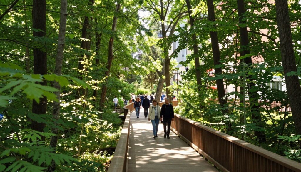 A scenic view of the "Spacer Koronach" in Poznań, featuring a wooden walkway winding through a lush canopy of tall, green trees. In the foreground, vibrant foliage surrounds the path, with dappled sunlight filtering through the leaves, creating a warm, inviting glow. The middle ground showcases people walking on the path, dressed in smart casual attire, enjoying the peaceful ambiance. In the background, hints of urban architecture can be glimpsed through the trees, blending harmoniously with nature. The scene captures a vibrant, serene atmosphere, encouraging exploration and connection with the environment. Use soft, natural lighting and a slightly elevated angle to highlight the depth of the walkway and the beauty of the surrounding landscape.