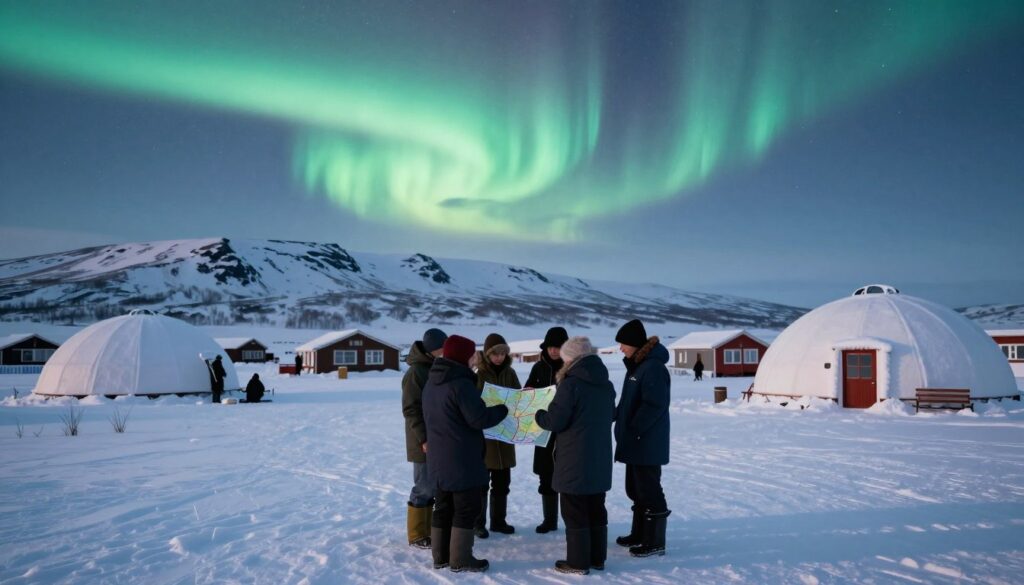 A serene Inuit landscape showcasing traditional naming practices with cultural artifacts. In the foreground, a group of Inuit people dressed in modest winter clothing stands together, examining maps and discussing. The middle ground features a snow-covered village with igloos, showcasing elements of daily life and communal areas. The background displays the stunning Arctic landscape, with mountains and aurora borealis lighting up the sky, creating a mystical atmosphere. The scene is illuminated by soft, natural lighting typical of twilight in the Arctic, enhancing a sense of calm and connection with nature. The overall mood is respectful and educational, encapsulating the rich cultural significance of Inuit naming in the contemporary context.