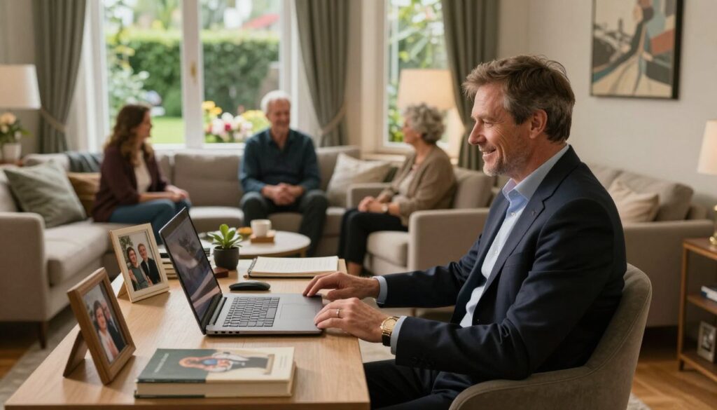 A serene and intimate scene depicting Zenek Martyniuk's private life. In the foreground, a modest yet elegant home office with stylish furnishings, conveying comfort and simplicity, featuring a desk with a laptop and personal items like family photos and books. In the middle ground, a cozy living area with warm lighting, showcasing Zenek in professional attire, enjoying a quiet moment with loved ones, sharing laughter and warmth. The background features a glimpse of a peaceful garden through a window, with soft natural light filtering in, enhancing the atmosphere of tranquility. The overall mood is warm and inviting, reflecting a balance of public life and personal space, emphasizing privacy amidst the curiosity of fans and media.