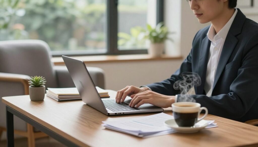 A serene and intimate workspace reflecting the balance of professional and private life. In the foreground, a well-organized home office desk featuring a laptop, neatly stacked papers, and a steaming cup of coffee. A person is seated at the desk, dressed in smart casual attire, focusing on their laptop while exuding a sense of concentration and tranquility. In the middle ground, a soft-focus view of a comfortable armchair with a book and a small potted plant adds warmth. The background showcases a tranquil window view revealing a subtle garden, diffusing soft, natural light that casts gentle shadows, creating a calm atmosphere. The overall mood captures the essence of privacy in one's professional life, inviting reflection on boundaries and public perception.