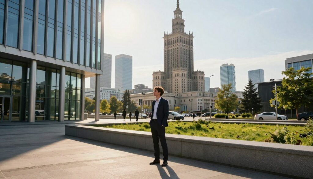 A serene and modern urban landscape of Warsaw, showcasing a contemporary building with clean lines and reflective glass, symbolizing the idea of privacy in a bustling city. In the foreground, a well-dressed individual in professional attire stands pensively, contemplating the balance between public life and personal space. In the middle ground, vibrant greenery and city life blend seamlessly with the architecture, while soft golden hour lighting bathes the scene, casting long shadows and highlighting the textures. In the background, the iconic Warsaw skyline rises majestically against a clear sky, evoking a sense of openness and urban vibrancy. The atmosphere is calm and contemplative, inviting viewers to reflect on the coexistence of public and private realms.