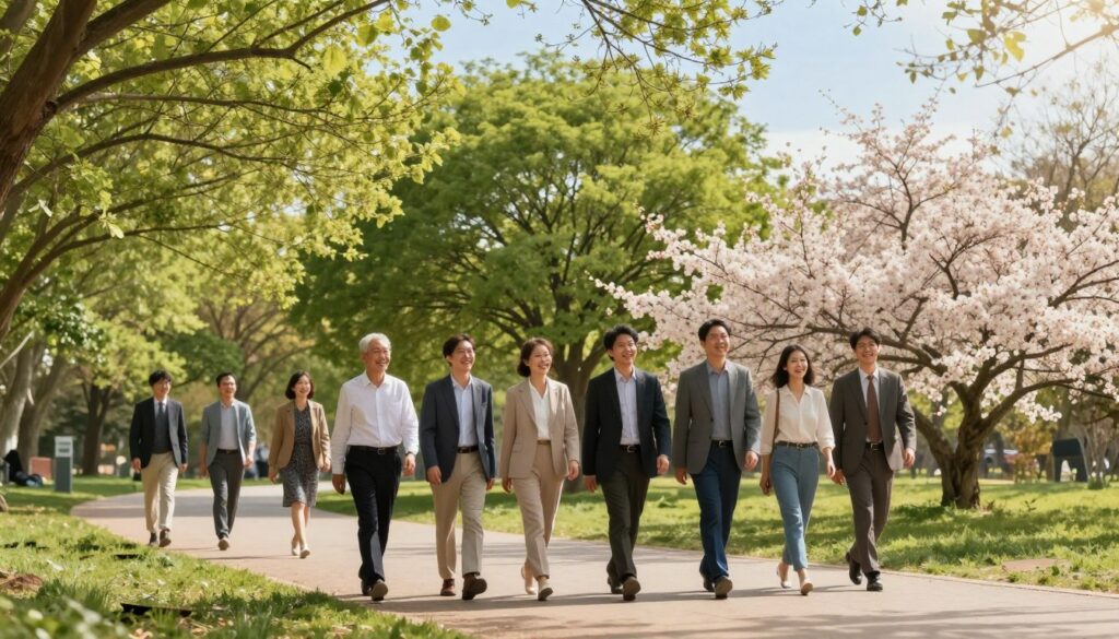 A serene and vibrant outdoor scene depicting the health benefits of walking a 10 km journey. In the foreground, a diverse group of individuals in professional business attire and modest casual clothing, enjoying a leisurely walk along a scenic path, radiate joy and vitality. The middle ground features lush green trees and blooming flowers, symbolizing nature's rejuvenating power. In the background, a clear blue sky reflects soft sunlight filtering through the branches, casting gentle shadows on the path. The atmosphere is uplifting and peaceful, evoking a sense of well-being and connection to nature. Use a warm color palette to enhance the feeling of health and positivity, with a focus on natural elements.