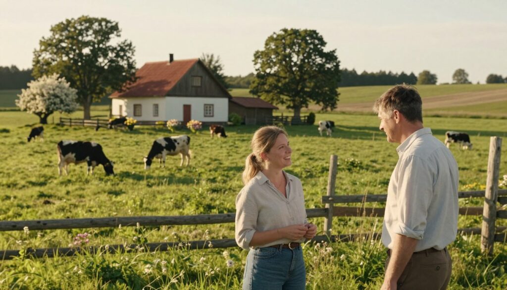 A serene countryside landscape showcasing a charming farm setting, embodying the essence of traditional rural life. In the foreground, two individuals, Ania and Grzegorz Bardowski, are dressed in modest casual clothing, engaged in conversation with smiles on their faces, reflecting a warm and inviting atmosphere. The middle ground features a lush green field with livestock peacefully grazing, symbolizing the agricultural roots of the reality show "Rolnik szuka żony." In the background, a quaint farmhouse, surrounded by blooming flowers and tall trees, adds depth to the scene. The lighting is soft and golden, reminiscent of a late summer afternoon, enhancing the nostalgic and serene mood, while the angle is slightly elevated, providing a picturesque view of this idyllic rural setting.