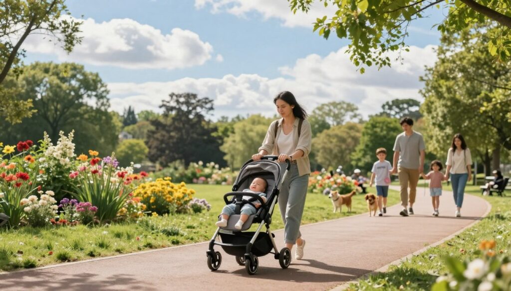 A serene daytime scene showcasing a peaceful park pathway ideal for a stroll with a newborn. In the foreground, a mother dressed in modest casual clothing gently pushes a stroller, her expression calm and joyful. The middle ground features vibrant greenery with blooming flowers, and a few happy families walking their dogs or enjoying picnics. The background captures a bright blue sky dotted with fluffy white clouds, giving a sense of warmth and tranquility. Soft sunlight filters through the leaves, creating a dappled effect on the path. The atmosphere is relaxing and inviting, emphasizing the comfort of taking a stroll with a newborn during the day. The focus is on the nurturing bond between mother and child.