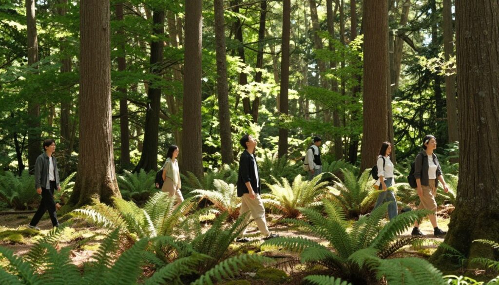 A serene forest bathing scene, showcasing individuals walking calmly among tall, majestic trees, with dappled sunlight filtering through the leaves. In the foreground, a person in modest casual clothing pauses to breathe deeply, surrounded by lush green ferns and soft moss underfoot. In the middle ground, other individuals stroll leisurely, emphasizing the tranquility of nature with soft expressions of contentment. The background features a diverse array of trees, with rich textures and varying shades of green, while gentle beams of sunlight create a warm, inviting atmosphere. The overall mood is peaceful and rejuvenating, evoking the essence of shinrin-yoku, with a focus on personal well-being in nature. The image is captured from a slightly elevated angle, enhancing the depth and beauty of the forest landscape.
