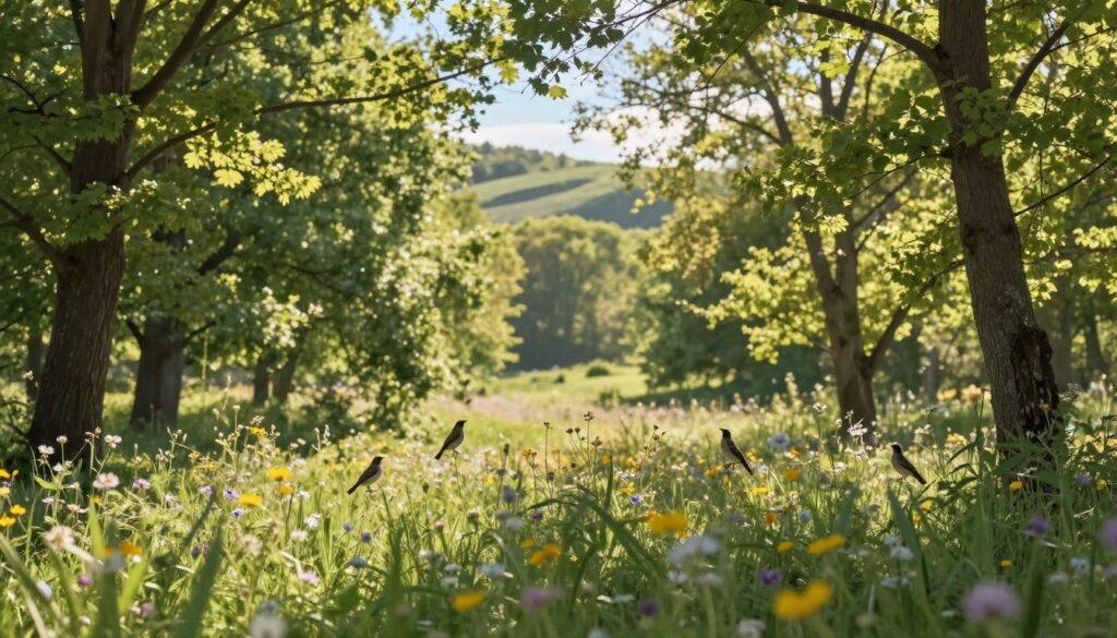 A serene forest landscape capturing the essence of birds singing amidst lush greenery. In the foreground, vibrant wildflowers bloom, attracting a few small birds perched delicately on their stems. The middle ground features various trees, their leaves shimmering in soft sunlight filtering through the canopy, casting playful shadows on the forest floor. In the background, gentle hills rise, creating a sense of depth, while a clear blue sky peeks through the branches. The atmosphere is tranquil and calming, evoking a sense of peace and harmony with nature. Ideal lighting is warm, suggesting early morning or late afternoon. The image should have a gentle depth of field effect, highlighting the foreground details while softening the background elements for a dreamy feel.