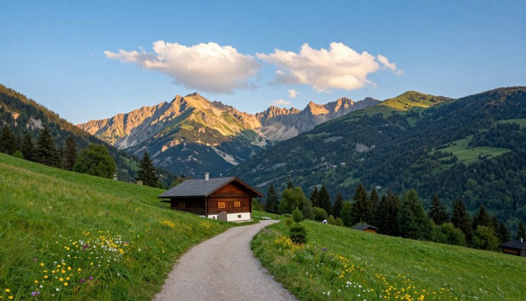 A serene landscape of Dolní Morava, showcasing the stunning mountains draped in lush greenery under a clear blue sky. In the foreground, a gently winding path leads towards the majestic mountains, inviting leisurely strolls. The mid-ground features a charming wooden cabin, surrounded by vibrant wildflowers, exuding a peaceful and rustic charm. In the background, towering mountain peaks bask in soft sunlight, their intricate textures illuminated by warm, golden light. Add wispy clouds floating lazily overhead, creating a tranquil atmosphere. Capture this image from a slightly elevated angle to provide depth, enhancing the feeling of vastness. The overall mood should evoke a sense of relaxation and adventure, perfect for a weekend getaway in nature.