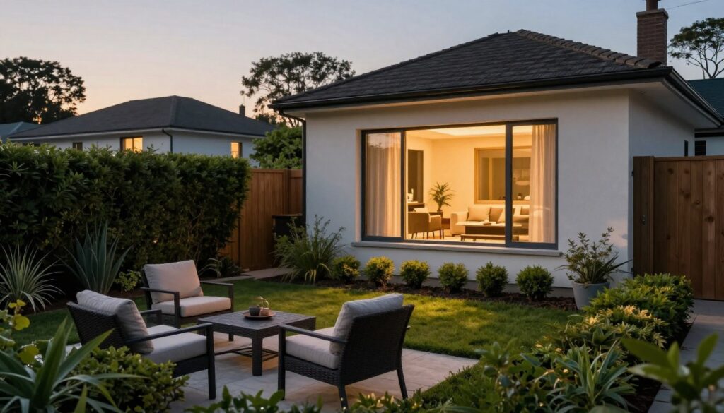 A serene, modern suburban home at twilight, showcasing a well-manicured garden that emphasizes privacy with tall hedges and a wooden fence. In the foreground, a cozy outdoor seating area with tasteful patio furniture invites relaxation, symbolizing the separation of personal life. The middle ground reveals a softly lit living room window, hinting at the warm atmosphere inside, where soft shadows play across the curtains. In the background, the neighborhood is quiet, with lights beginning to twinkle from distant homes, creating a calm and secure feeling. The scene is bathed in golden hour lighting, giving it an inviting yet discreet ambiance. The overall mood conveys a balance between public life and personal sanctuary, capturing the essence of privacy in a professional setting.