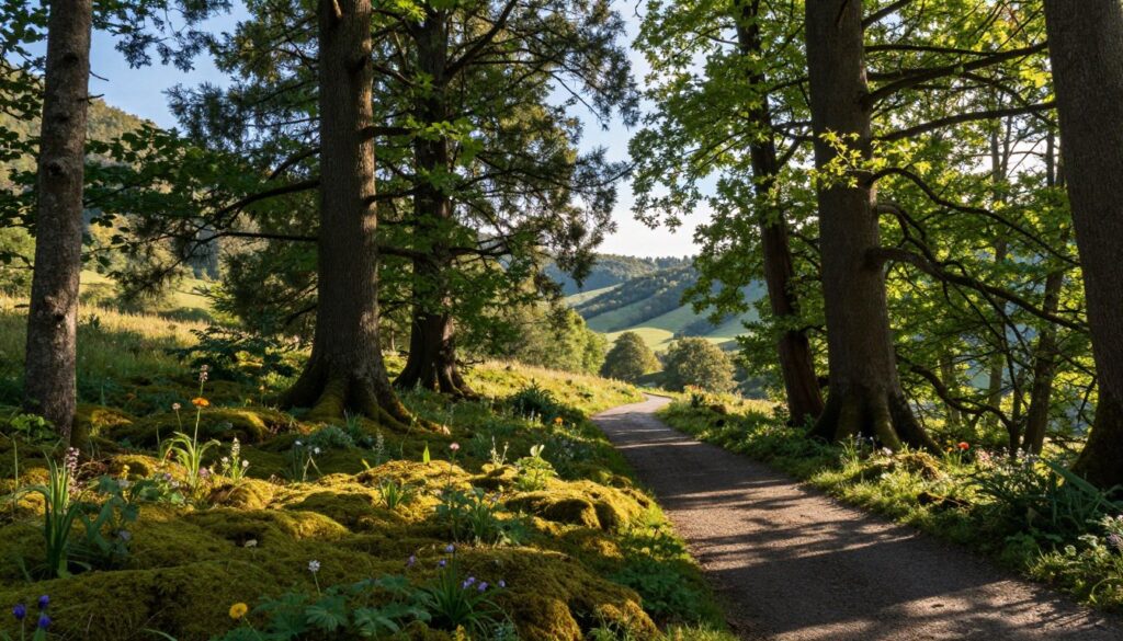 A serene nature reserve in the heart of a dense forest, showcasing a winding trail that invites peaceful reflection. In the foreground, a carpet of lush green moss covers the ground, dotted with colorful wildflowers. Tall, ancient trees tower in the middle of the scene, their leaves gently whispering in the breeze, casting dappled sunlight on the path. In the background, soft hills rise under a clear blue sky, creating a sense of tranquility. The lighting is warm and inviting, evoking a late afternoon glow. The image conveys calmness and a connection to nature, perfect for a peaceful walk at any time of year. The atmosphere is serene, with gentle shadows and highlights enhancing the natural beauty.