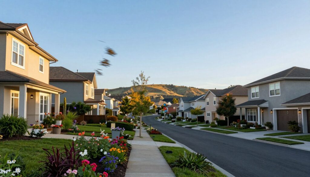 A serene neighborhood scene depicting an upscale residential area, showcasing cozy homes with well-kept gardens. In the foreground, a pathway lined with vibrant flowers leads to a home with modern architecture, emphasizing authenticity and elegance. The middle ground features various houses, each unique yet harmonious, with trees gently swaying in a warm breeze under a clear blue sky. In the background, soft hills create a tranquil backdrop. The lighting is warm and inviting, suggesting a late afternoon glow. The atmosphere is peaceful, reflecting a community vibe. No people are present, allowing the focus to remain on the environment, highlighting themes of privacy and public space. The composition captures the essence of home without intrusion, ensuring a respectful depiction of personal space.