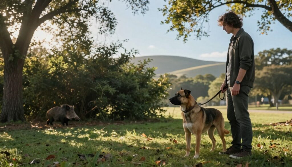 A serene outdoor park setting during early morning light, with soft sunlight filtering through trees creating a warm glow. In the foreground, a concerned dog owner, dressed in modest casual clothing, holds a leash tightly as they stand next to an alert dog, a medium-sized breed with a strong posture. The dog is focused and slightly tense, ears perked up, looking in the direction of a bushy area in the middle ground where subtle signs of a wild boar can be seen, half-hidden among the foliage. The background features rolling hills and a clear blue sky, emphasizing the peaceful atmosphere while hinting at the tension in the scene. The overall mood is one of caution and awareness, capturing the critical moment of a potential encounter between a pet and a wild animal.