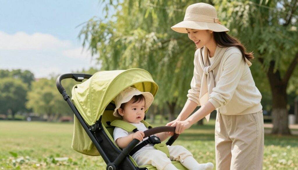 A serene outdoor scene depicting a caring parent push a stroller with a beautifully dressed infant during a sunny, breezy day in a park. The foreground features the parent in modest casual clothing, smiling gently while shielding the baby from the sun using a stylish wide-brimmed hat and a light scarf. The middle ground showcases the stroller, adorned with bright sunshade and security straps, highlighting safety features. In the background, lush green trees sway in the wind, and a clear blue sky adds to the inviting atmosphere. Soft, warm sunlight casts a gentle glow, creating a sense of comfort and security, as the scene embodies the importance of child safety during outdoor activities. The overall mood is peaceful and protective.