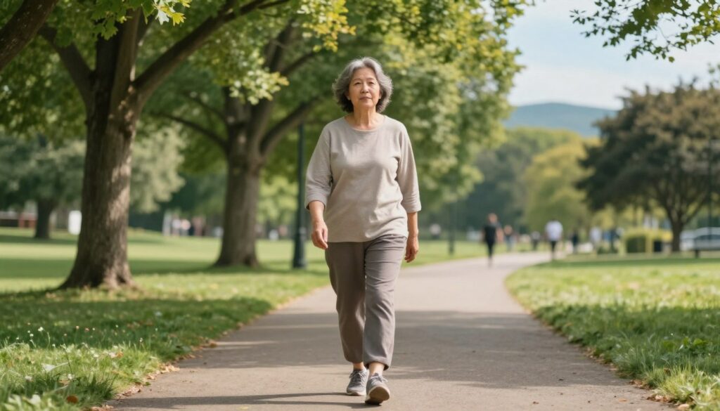 A serene outdoor scene depicting a middle-aged person walking in a park, reflecting on managing hip osteoarthritis through walking. In the foreground, the individual is dressed in comfortable, modest casual clothing, showcasing a neutral yet determined expression as they walk along a well-maintained path. In the middle ground, a variety of green trees and soft grass create a tranquil setting, with a gentle sun filtering through the leaves, casting dappled sunlight. In the background, distant hills provide a sense of depth, and a clear blue sky enhances the peaceful ambiance. The overall mood should be one of hope and empowerment, emphasizing the positive impact of walking on mobility and health, and inspiring viewers to consider proper distance and pace for their own walks.