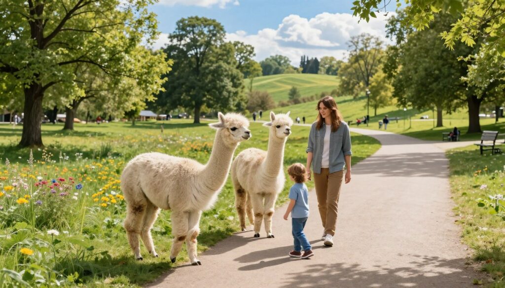 A serene outdoor scene featuring a couple of gentle alpacas wandering along a picturesque path in a lush green park in Warsaw. In the foreground, a fluffy white alpaca curiously interacts with a child dressed in casual clothing, highlighting the joy of the experience. The middle ground showcases diverse trees and colorful wildflowers, creating a vibrant atmosphere, while the background features softly rolling hills under a bright blue sky with a few fluffy clouds. The sunlight filters through the leaves, casting gentle shadows on the ground, enhancing the warm, inviting mood. The composition is captured from a slightly elevated angle to showcase the beauty of nature and the delightful interaction between the alpacas and visitors, emphasizing a peaceful suburban park feel.
