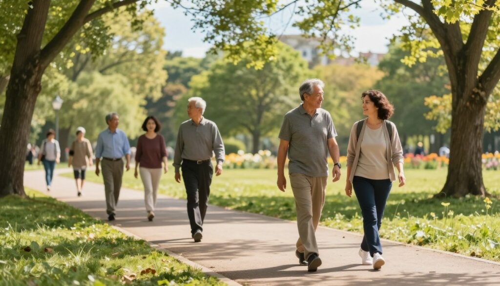 A serene outdoor scene featuring a diverse group of individuals on a walking path in a lush park, emphasizing the theme of walking for health. In the foreground, two people in modest casual clothing, a middle-aged man and a woman, are walking together, engaged in a conversation. In the middle ground, a few others are seen walking at different paces, with a soft sunlight filtering through the trees, casting gentle shadows on the path. The background showcases a vibrant green landscape with blooming flowers and a clear blue sky, evoking a sense of tranquility and well-being. The lighting is warm and inviting, suggesting a pleasant day for a walk. The overall atmosphere is peaceful, encouraging the benefits of regular walking for blood pressure management.