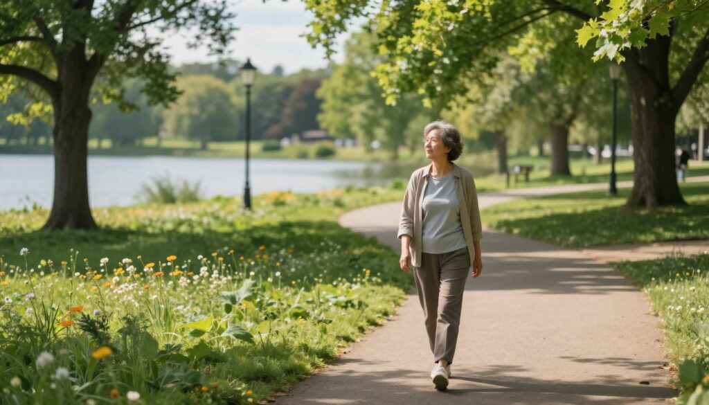 A serene outdoor scene featuring a middle-aged person on a gentle walk after gallbladder removal surgery. In the foreground, the person, dressed in comfortable yet modest casual clothing, strolls on a well-maintained path surrounded by lush greenery. The middle area showcases a calming park with scattered wildflowers and soft, dappled sunlight filtering through the trees, creating a peaceful atmosphere. In the background, a soft-focus view of a tranquil lake reflects the blue sky. The image captures the mood of recovery and renewal, emphasizing a sense of hope and gradual rehabilitation. The lighting is warm and inviting, aimed to evoke a sense of calm and wellness, ideally viewed from a slightly elevated angle to encompass the landscape.