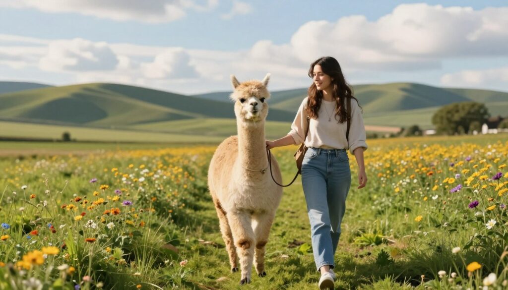 A serene outdoor scene featuring a young woman in modest casual clothing walking alongside a friendly alpaca during a guided alpaca walking tour. In the foreground, the woman gently holds the alpaca’s lead, showcasing an engaging interaction. The middle ground is filled with lush green grass and vibrant wildflowers, providing a picturesque pathway. In the background, a tranquil countryside landscape with gentle hills and a blue sky dotted with fluffy clouds creates a peaceful atmosphere. The lighting is warm and inviting, suggesting a late afternoon sun, enhancing the joyful mood of the experience. A slight depth of field effect blurs the background, focusing attention on the woman and the alpaca.