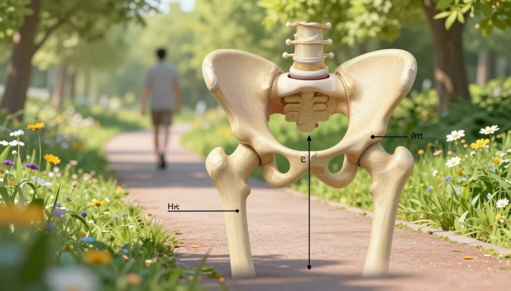 A serene outdoor scene showcasing a healthy hip joint anatomy, illustrated in detail. In the foreground, a 3D rendering of a human hip joint, with clear labels showcasing its components like the femur, acetabulum, and cartilage. The middle ground features a gentle walking path surrounded by vibrant green foliage and wildflowers, suggesting an inviting environment for walking. In the background, soft, diffused sunlight filters through trees, casting gentle shadows and creating a peaceful atmosphere. The angle should be slightly elevated to capture the hip joint’s details while emphasizing the idyllic setting. The mood is uplifting and motivational, reflecting an active and healthy lifestyle, encouraging viewers to engage in enjoyable walks to improve hip function.