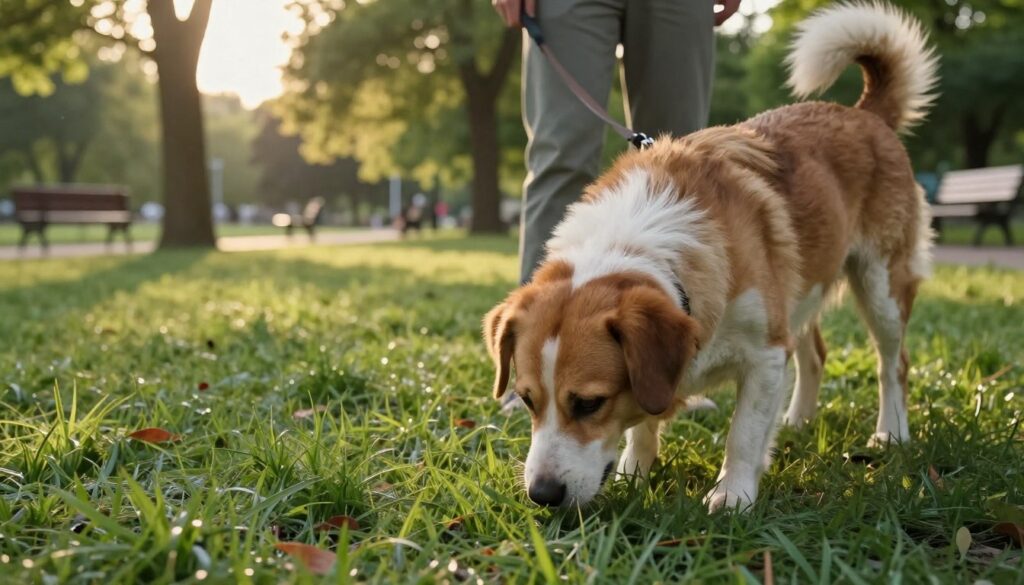 A serene park scene at golden hour, showcasing a curious dog intensely sniffing the ground, illustrating the concept of 'węszenie' or scent work. In the foreground, the dog, a medium-sized, fluffy brown and white breed, is close-up, its nose touching the grass, eyes focused. The middle ground features a leash attached to a person wearing casual, modest clothing, visible but unobtrusive, emphasizing the connection between the dog and its owner. In the background, sunlit trees and scattered park benches create a tranquil atmosphere. Soft, warm lighting enhances the scene, casting gentle shadows. The overall mood is calm and engaging, inviting viewers to appreciate the importance of scent exploration during walks.