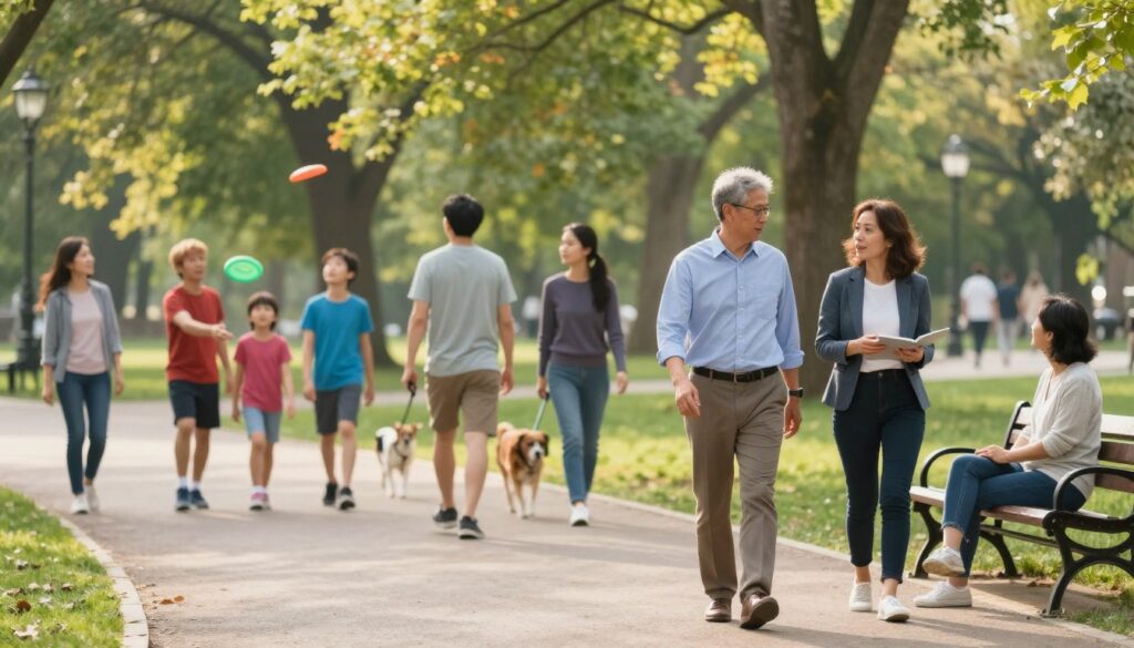 A serene park scene depicting a diverse group of individuals engaged in light walking and recreational activities, symbolizing a return to work and active life post-hip surgery. In the foreground, a middle-aged man in smart casual attire is seen taking a gentle stride, while a woman in professional clothing enjoys discussing with a friend beside a park bench. The middle ground features families playing frisbee and couples walking their dogs, portraying a sense of community and vitality. The background reveals lush trees and soft sunlight filtering through the leaves, creating a warm, inviting atmosphere. The image is taken at eye level, with a shallow depth of field to focus on the subjects while softly blurring the background elements, conveying a mood of hope and rejuvenation.