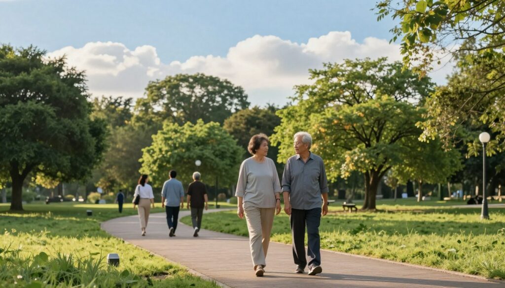 A serene park scene during early morning light, showcasing a mature couple walking at a steady pace on a paved pathway. The foreground features the couple, dressed in modest casual clothing, engaged in conversation, embodying a sense of calm and connection. In the middle ground, various trees and vibrant greenery provide a lush backdrop, while other walkers maintain a safe distance. The background captures a clear blue sky with soft, fluffy clouds, enhancing the peaceful atmosphere. The lighting is warm and inviting, casting gentle shadows for depth. The overall mood is tranquil and encouraging, illustrating the importance of safe walking practices to support healthy blood pressure levels.
