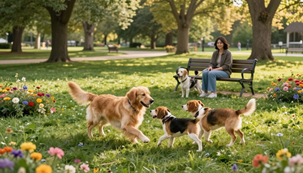 A serene park setting designed for dogs, featuring lush green grass and scattered colorful flowers. In the foreground, a couple of breeds of dogs—such as a golden retriever and a beagle—play joyfully together, capturing a sense of companionship. In the middle ground, a pet owner sits on a bench, observing their dog, smiling contently, showcasing a strong bond. The background transitions into tall trees providing dappled sunlight, creating a peaceful atmosphere enhanced by soft, warm lighting. The scene is captured from a slightly elevated angle, allowing for a panoramic view of the inviting space. The mood is relaxed and cheerful, promoting the idea of enjoyable walks with dogs in nature.