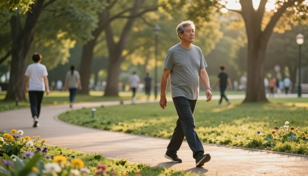A serene park setting during the golden hour, showcasing a middle-aged man in modest casual clothing walking on a paved path. He has a slight, attentive posture, indicating he's mindful of his pace post-surgery. In the foreground, soft grass and colorful flowers accent the path, while the middle ground reveals trees with warm sunlight filtering through their leaves, creating gentle dappled light patterns. In the background, there are blurred figures of other individuals engaging in light physical activities, enhancing a sense of community and health. The atmosphere is calm and encouraging, embodying a reassuring recovery process. The composition should capture a side angle of the man, focusing on his determined expression as he takes controlled steps forward.