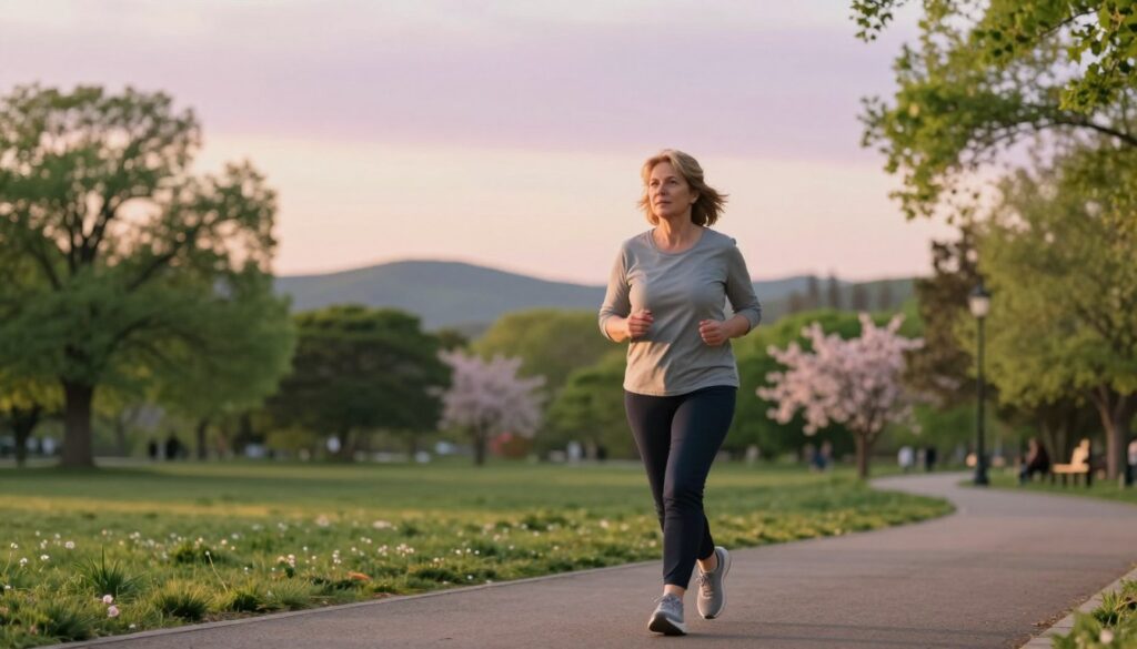 A serene park setting during the golden hour, showcasing a middle-aged woman in modest casual attire, enjoying a brisk walk on a well-maintained path. In the foreground, she is depicted with a determined expression, exuding positivity and resilience as she engages in physical activity, emphasizing her recovery journey. The middle ground features lush green trees and blooming flowers, creating an inviting atmosphere. In the background, there are distant hills under a soft, pastel-colored sky, enhancing the tranquil mood. The lighting is warm and natural, casting gentle shadows, reminiscent of a peaceful evening. A shallow depth of field draws attention to the woman while blurring the surroundings subtly, reinforcing the focus on her renewed strength and activity.