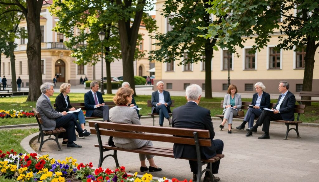 A serene public space in Poland, reflecting community and openness. The foreground showcases a polished wooden park bench, inviting and well-maintained, surrounded by colorful flower beds. In the middle, a diverse group of neatly dressed individuals of various ages engages in collaborative discussion, embodying a spirit of public dialogue. In the background, tall trees provide shade, and a gentle sunlight filters through, creating a warm, friendly atmosphere. The scene captures a classic European architectural building, hinting at historical significance. The angle should be slightly elevated, offering a broad view of the space, while maintaining a focus on the discussions taking place, evoking inclusivity and curiosity. Use soft, natural lighting to enhance the inviting mood of this public gathering place.
