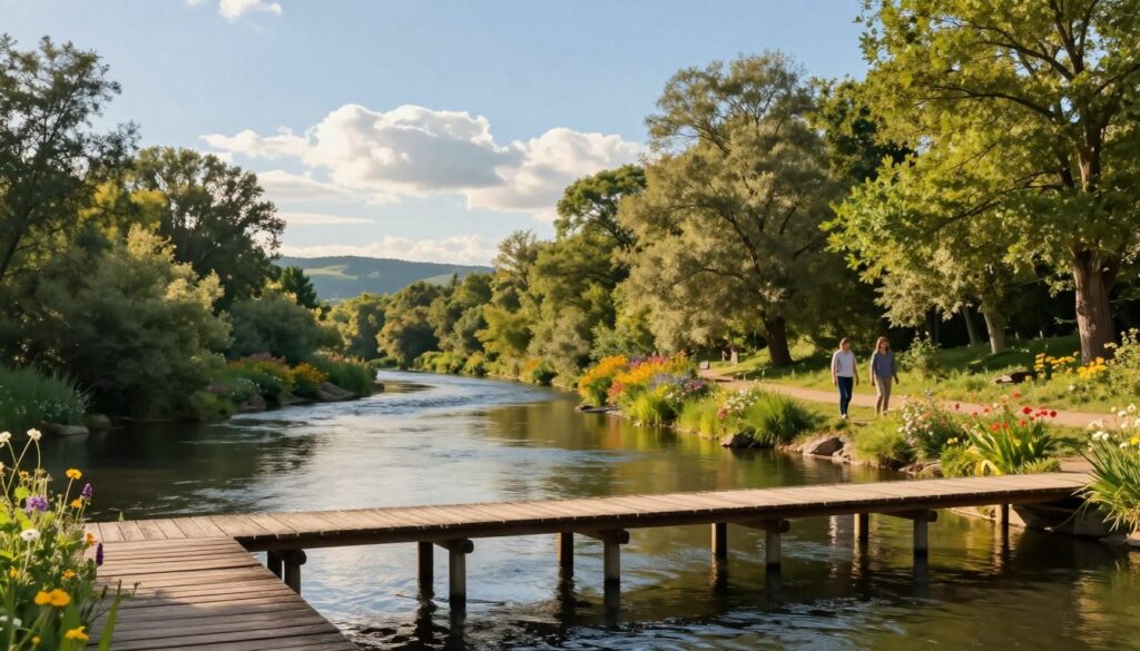 A serene river landscape, showcasing winding, gently flowing waters bordered by lush green trees and colorful wildflowers. In the foreground, a rustic wooden pier stretches into the river, inviting visitors for relaxation. In the middle ground, a couple of people in modest casual clothing are enjoying a peaceful walk along the tree-lined riverbank, their expressions reflecting tranquility. In the background, soft hills rise under a clear blue sky, with fluffy white clouds lazily drifting by. The lighting is warm and golden, suggesting early morning or late afternoon, casting gentle reflections on the water’s surface. The overall mood is calm and refreshing, perfect for a leisurely stroll in nature.