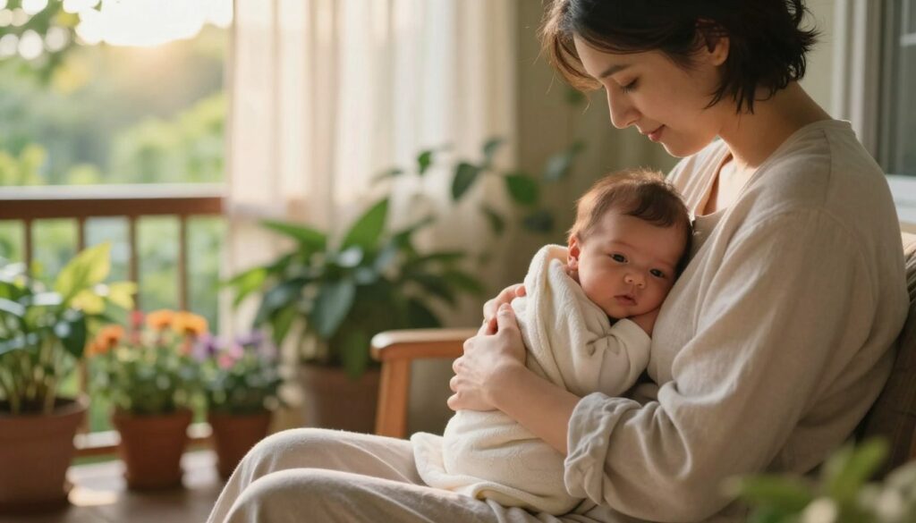 A serene scene depicting a parent gently holding a newborn in a cozy, sunlit veranda, emphasizing safety and comfort. In the foreground, the parent, dressed in soft, casual clothing, exudes warmth and care, cradling the baby wrapped snugly in a light blanket. In the middle ground, rich greenery surrounds the veranda with potted plants and colorful flowers, creating a tranquil oasis. In the background, soft sunlight filters through sheer curtains, casting a warm, soft glow that enhances the peaceful atmosphere. The overall mood is calm and nurturing, inviting the viewer to appreciate the beauty of this gentle acclamation process. The scene is framed from an eye-level angle, providing an intimate connection to the moment.