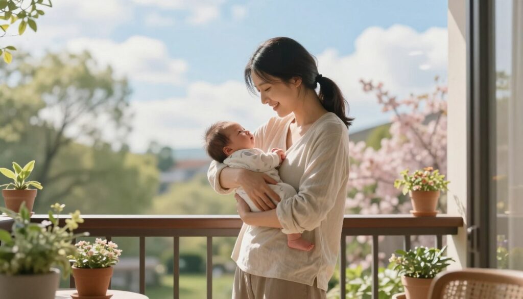 A serene scene of a parent standing on a balcony, gently cradling a newborn in their arms, preparing for the first outdoor stroll. The parent, dressed in comfortable, modest casual clothing, showcases a warm smile. In the foreground, the balcony features potted plants and soft sunlight filtering through, creating a comforting glow. The middle ground reveals distant trees swaying gently in a light breeze, with soft pastel colors of spring flowers blooming around. The background includes a clear blue sky accentuated by fluffy white clouds, suggesting a pleasant temperature. The overall atmosphere is tranquil and nurturing, embodying the spirit of gentle acclimatization to the environment.
