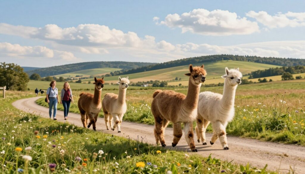 A serene scene of an alpaca walk in the picturesque countryside near Kraków, featuring several fluffy, brown and white alpacas trotting playfully along a winding path. In the foreground, a gentle green meadow dotted with wildflowers adds a touch of color. In the middle ground, a couple of visitors in casual attire, smiling and interacting with the alpacas, create a warm and friendly atmosphere. The background showcases rolling hills and a clear blue sky, with soft, fluffy clouds drifting lazily. Golden sunlight bathes the scene, casting soft shadows and enhancing the inviting feel of the excursion. The image should evoke a sense of tranquility and joy in nature.