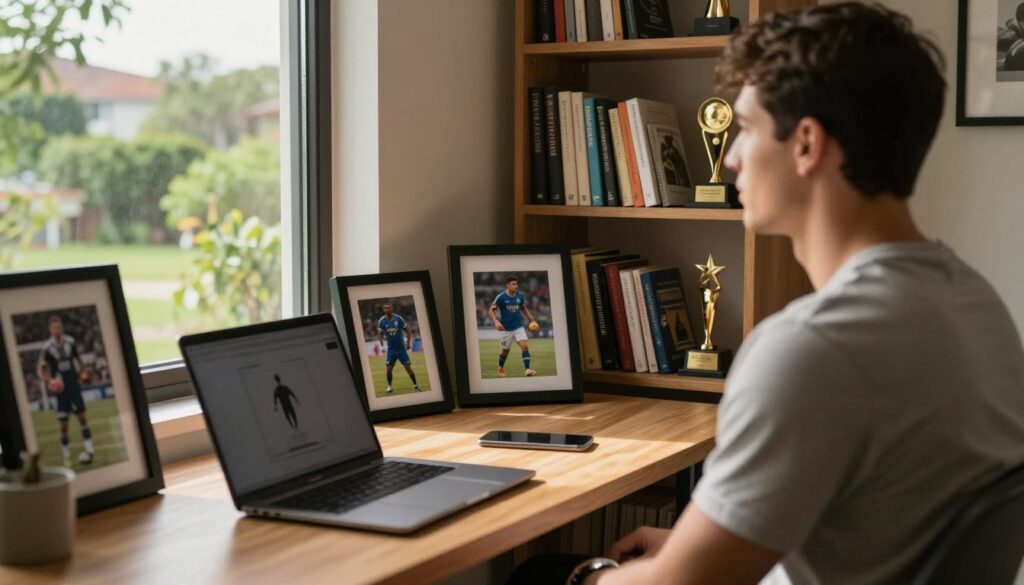 A serene, softly lit room representing the concept of privacy in sports, with a well-organized desk featuring framed sports memorabilia and a closed laptop. In the foreground, a blurred figure of a professional athlete dressed in modest casual clothing gazes thoughtfully out the window, symbolizing introspection and the importance of personal space. The middle ground showcases a cozy bookshelf filled with motivational books and awards, hinting at dedication and achievement. In the background, a peaceful outdoor view with lush greenery and a hint of a distant neighborhood creates an atmosphere of tranquility. The lighting is warm and inviting, casting gentle shadows that add depth, while the angle is slightly elevated to capture the essence of the space without intruding on the subject's privacy.