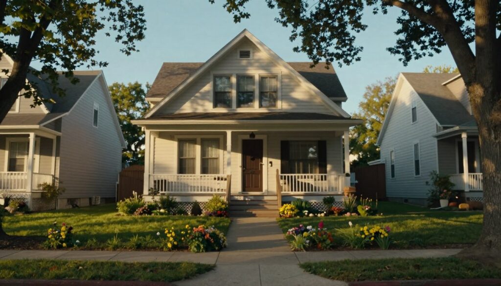 A serene street scene depicting a residential neighborhood that reflects the home of a public figure. The foreground features a modest, well-kept house with a welcoming front porch, surrounded by a small garden filled with colorful flowers and greenery. In the middle, a paved pathway leads to the entrance, flanked by trees that provide dappled sunlight. The background features softly blurred homes of similar architectural style, set against a clear blue sky. The lighting is warm, capturing the feeling of a late afternoon. This image conveys a sense of privacy and respect, influencing the viewer's perception of the importance of a public figure's home address. The composition should evoke a thoughtful and contemplative mood, avoiding any elements of intrusion or sensationalism.