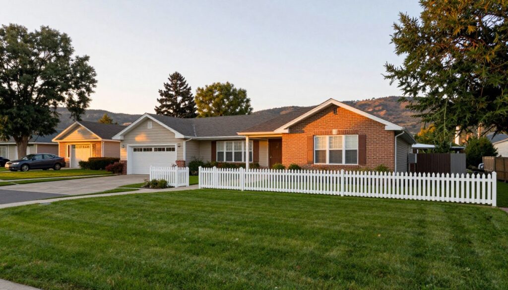 A serene suburban neighborhood, showcasing a well-maintained home with a lush green lawn in the foreground. The house is elegant yet modest, featuring warm brick and soft pastel colors, surrounded by a white picket fence. In the middle, a glimpse of a carefully arranged driveway is visible, with a parked, inconspicuous car. Lush trees line the street, creating a sense of privacy. In the background, distant hills highlight the tranquility of the area under a soft, golden hour light, casting gentle shadows. The atmosphere is peaceful and private, evoking a sense of safety. The angle is slightly tilted upwards, capturing both the home and sky, conveying a feeling of calm and security without revealing any specific details about the address.