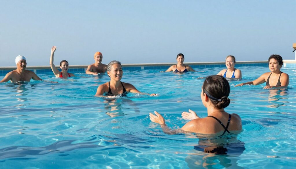 A serene swimming pool environment featuring adults of various backgrounds immersed in a swimming lesson. In the foreground, a patient instructor demonstrates basic swimming techniques to a diverse group of adults wearing modest swimwear, focusing on easing their anxiety in the water. The middle layer captures excited participants practicing floating and simple strokes, while one individual timidly but confidently dips their toes into the pool. The background showcases a clear blue sky, emphasizing a bright, sunny day, with reflections dancing on the water’s surface. The lighting is soft yet vibrant, highlighting the joy and determination on their faces. The image conveys a positive atmosphere of learning and overcoming fears.