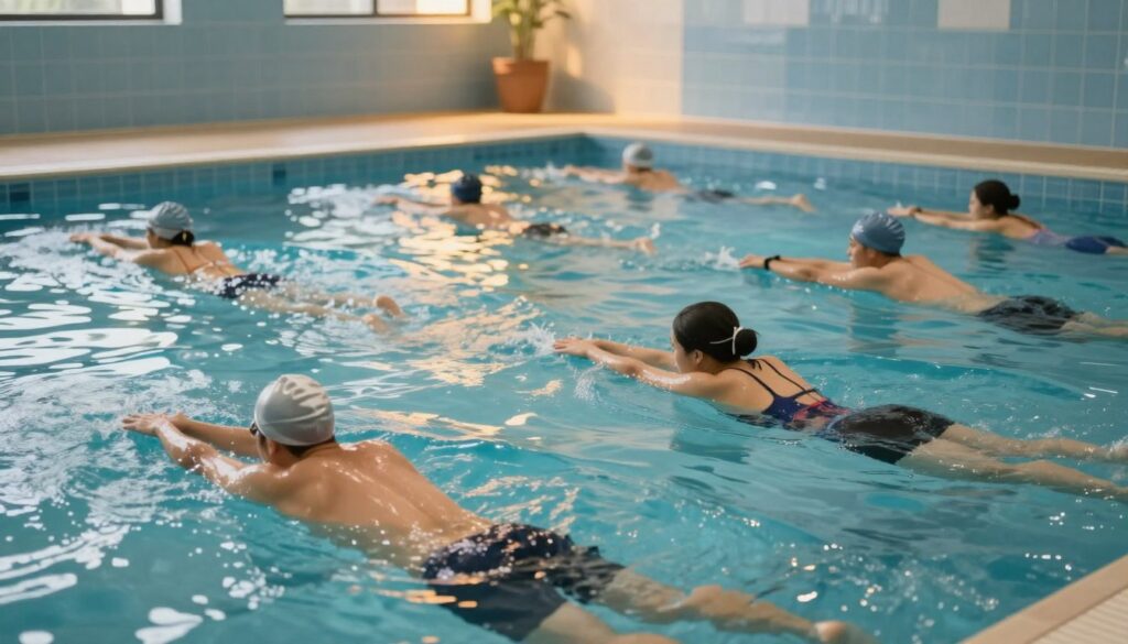 A serene swimming pool interior, depicting a diverse group of individuals engaging in gentle aquatic exercises. In the foreground, two people, one male and one female, are performing stretching movements in the water, showcasing expressions of relaxation and rejuvenation. In the middle ground, several individuals are engaged in light swimming, their reflections visible on the water's surface, creating a sense of tranquility. The background features soft blue tiles and warm lighting that enhances the calm atmosphere. The overall mood is one of renewal and recovery, emphasizing the benefits of swimming for physical and mental well-being. The scene is well-lit, with soft shadows cast by the gentle ripples in the water, capturing a moment of peaceful regeneration.
