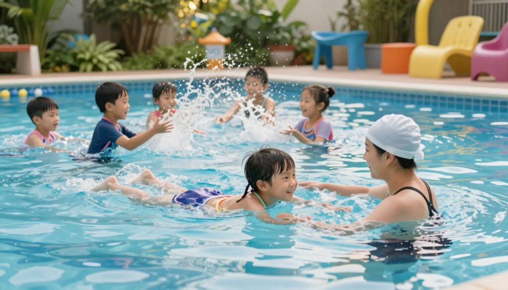 A serene swimming pool scene illustrating the concept of swimming skills. In the foreground, a child in modest swim attire is practicing floating and smiling under the watchful eye of an instructor, who is gently encouraging them. In the middle ground, a group of children playfully splash around, showcasing joyful interaction in the water. In the background, lush greenery and colorful poolside decorations create a vibrant, welcoming atmosphere. Soft sunlight filters through, casting warm reflections on the water surface, adding to the cheerful mood. The angle is slightly elevated, capturing the dynamic energy and importance of learning to swim safely while having fun. The overall scene conveys a sense of safety, enjoyment, and the essential life skill of swimming.