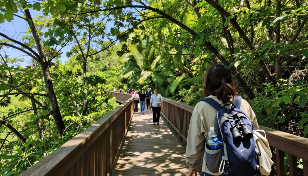 A serene tree canopy walkway nestled among lush green trees, showcasing a winding wooden path that leads through the treetops. In the foreground, a backpack filled with essentials for the journey: water bottle, camera, binoculars, and a light jacket. Above the path, sunlight filters through the leaves, casting dappled light on the walkway, creating a warm and inviting ambiance. The middle ground features people in modest casual clothing, enjoying their stroll and taking in the views, with smiles on their faces. In the background, a vibrant blue sky peeks through the branches, enhancing the feeling of tranquility and connectedness with nature. The image is taken from a slightly elevated angle to capture the depth of the walkway and the beauty of the surrounding forest.