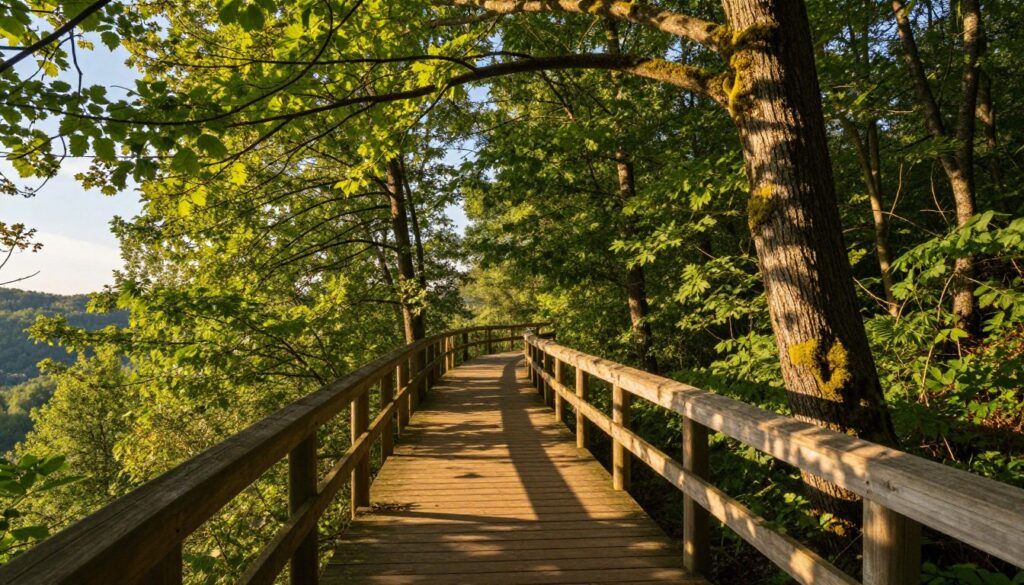 A serene "tree-top walk" in Szczawnica, surrounded by lush green leaves and towering trees, captured from an elevated perspective. The foreground features a gently winding wooden path, with rustic handrails and dappled sunlight streaming through the foliage above, casting intricate shadows on the wooden boards. In the middle ground, the path leads towards a canopy of vibrant green, showcasing rich textures of tree bark and vibrant moss. The background reveals distant hills and a clear blue sky peeking through the branches, enhancing the feeling of tranquility and adventure. Soft, golden hour lighting fosters a warm, inviting atmosphere, making the viewer feel as though they are part of this peaceful exploration.