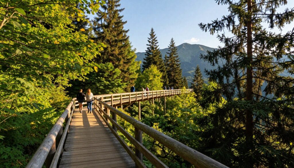A serene tree-top walkway in the lush Karkonosze Mountains, surrounded by dense greenery and towering pine trees. The foreground features a wooden pathway winding through the treetops, with rustic railings and natural wooden textures. In the middle ground, vibrant leaves offer a rich canopy, casting dappled sunlight on the walkway. The background showcases majestic mountain peaks under a clear blue sky, enhancing the sense of adventure. The scene captures warm, golden hour lighting, creating a tranquil and inviting atmosphere. Incorporate people in modest casual clothing, enjoying the view and walking along the path, to convey a sense of exploration and connection with nature. The perspective is slightly elevated, giving a glimpse of the scenic beauty from above.