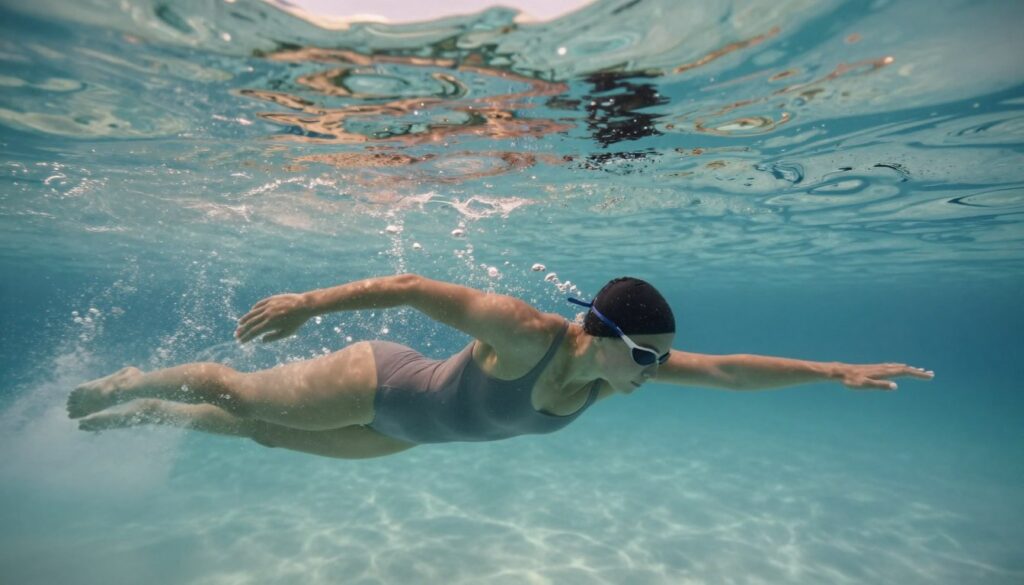 A serene underwater scene illustrating a swimmer practicing freestyle (crawl stroke), showcasing efficient breathing techniques. In the foreground, the swimmer, wearing a comfortable, modest swimsuit, is captured mid-stroke, demonstrating a relaxed and focused expression. The water surface above subtly reflects sunlight, creating a soothing, dappled light effect in the water. In the middle, bubbles trail behind the swimmer, emphasizing their smooth movement and controlled breathing. The background features a blurred view of an underwater environment with gentle waves and faint outlines of an aquatic landscape, enhancing the feeling of tranquility. The overall mood is calm and focused, with a sense of grace and efficiency in the swimmer's technique, highlighting the importance of breath control in swimming.
