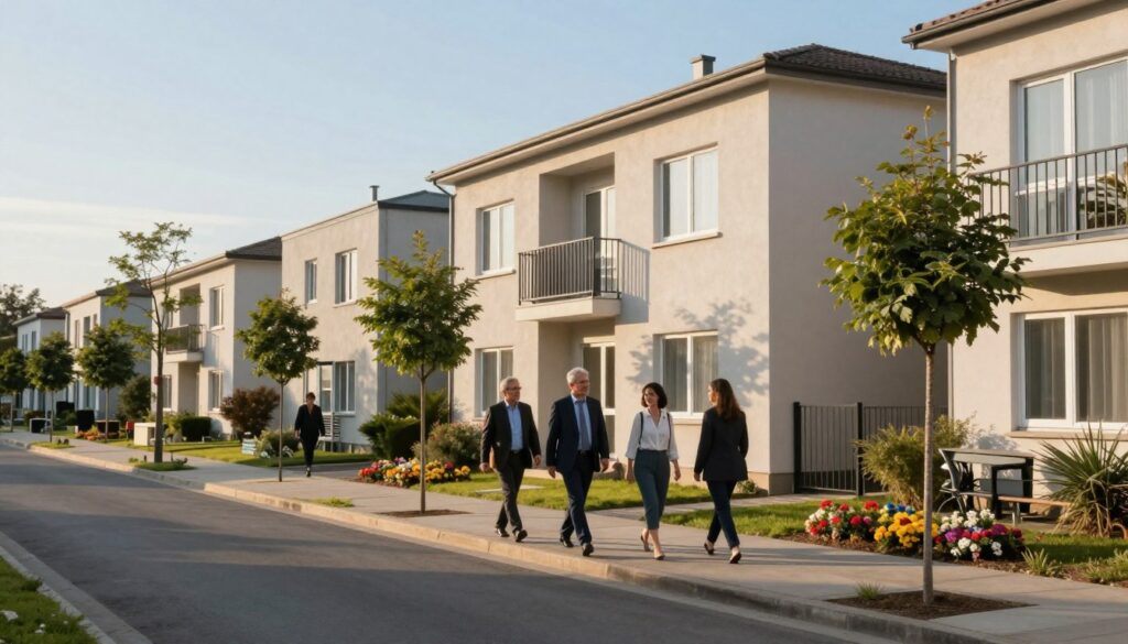 A serene urban environment depicting a modest, contemporary apartment building in a quiet neighborhood. In the foreground, a clean street with well-maintained sidewalks lined with small trees and colorful flowers. In the middle ground, a few residents dressed in professional business attire walk leisurely, exuding a sense of community. The background features a clear blue sky, with sunlight casting soft shadows that create a warm and inviting atmosphere. Emphasize natural lighting, with the golden hour glow enhancing the colors, and a slight depth of field to focus on the residents and the building. The mood is calm and respectful, reflecting a sense of privacy and normalcy.