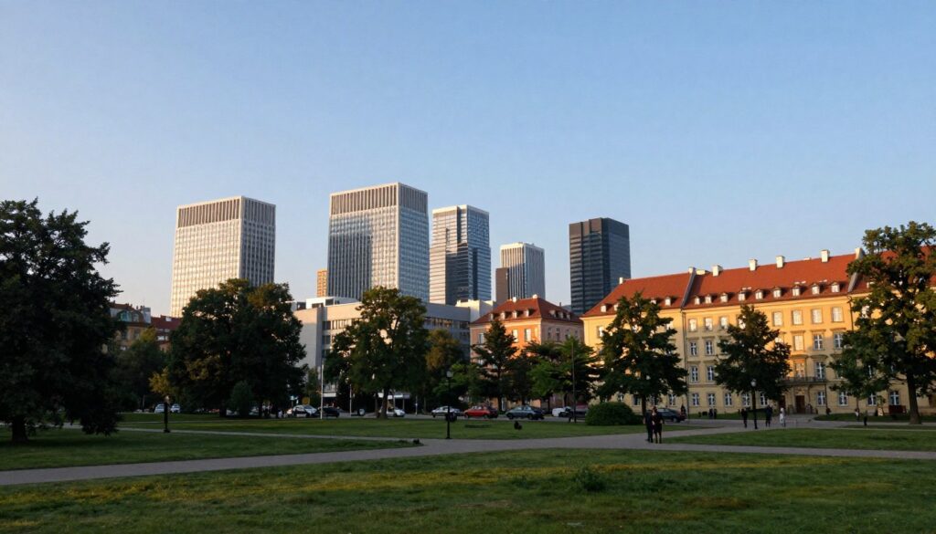A serene urban landscape showcasing key cities in Leszek Czarnecki's life. In the foreground, a tranquil park with neatly trimmed grass and trees, suggesting a peaceful lifestyle. In the middle, a modern city skyline featuring elegant, contemporary buildings that symbolize prosperity and opportunity. The background shows historical architecture, representing Poland's rich culture and heritage, with a soft evening glow illuminating the scene. The composition gives a sense of nostalgia mixed with ambition. Set under a clear blue sky with hints of warm sunlight, the image is captured from a slightly elevated angle to encompass both nature and urban elements. The mood is reflective yet vibrant, aiming to evoke a sense of place and belonging.