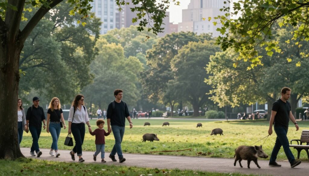 A serene urban park setting capturing a peaceful morning scene. In the foreground, a diverse group of people leisurely walking on a path, wearing casual yet practical attire, enjoying the outdoors. A parent with a child holding hands, while a dog on a leash trots by, embodying the joys of a city stroll. In the middle ground, lush green trees and well-kept grass create a natural barrier, suggesting an area where wild boars may be present yet are kept at a distance. In the background, city buildings peek through the canopy, reflecting urban life. Soft morning light filters through the leaves, creating a gentle, inviting atmosphere. The focus is on safety and tranquility, perfect for a section on minimizing encounters with wildlife.
