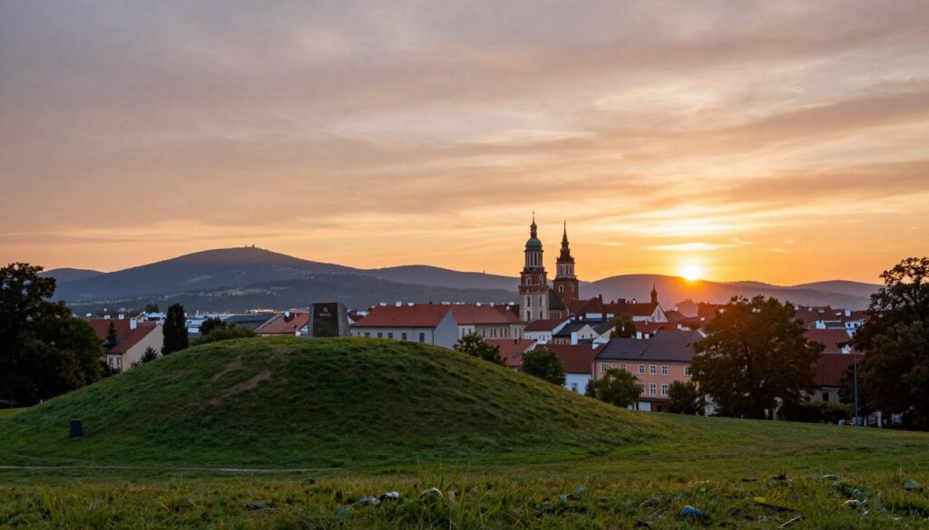 A serene view from a hilltop in Kraków, showcasing the majestic skyline at sunset. In the foreground, a lush green landscape with gentle slopes leading to a historic burial mound, known as "kopiec." Mid-ground features the silhouette of the city, with its charming rooftops and church spires bathed in warm golden and orange hues as the sun sets on the horizon. The background reveals the distant Carpathian Mountains under a dramatic, pastel sky. Soft light casts a tranquil glow over the scene, creating a peaceful atmosphere perfect for evening strolls. The composition captures the natural beauty and serenity of Kraków, inviting viewers to embrace the calmness of the moment.