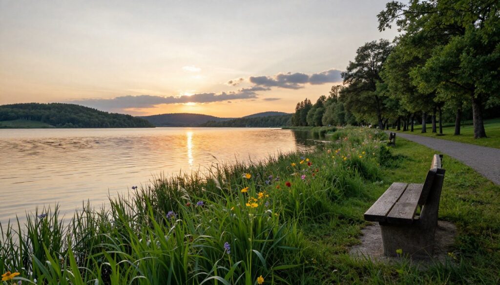 A serene view of Jezioro Żarnowieckie at sunset, with soft golden light reflecting off the calm water surface. In the foreground, lush green grass fringes the shoreline, dotted with colorful wildflowers swaying gently in the breeze. The middle ground features a tranquil path lined with trees, inviting for a peaceful stroll, while a rustic wooden bench offers a spot to pause and appreciate the scenery. In the background, gentle hills are visible, partially covered in forests, with a few clouds illuminated by the fading light. The overall atmosphere is one of tranquility and natural beauty, capturing the essence of a quiet escape in the Kaszuby region. The image is framed with a slight tilt, as if inviting the viewer to step into the scene.