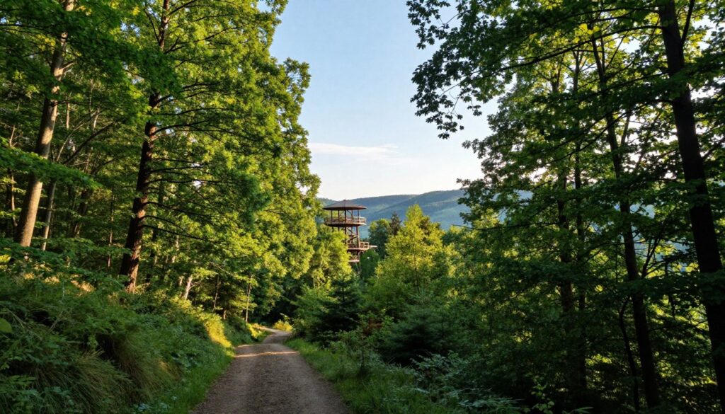 A serene view of Puszcza Zielonka, featuring lush green forests filled with tall, majestic trees. In the foreground, a winding trail leads through the vibrant greenery, inviting hikers to explore. The middle ground showcases a scenic lookout tower, partially hidden among the treetops, framed by sunlight filtering through the leaves, creating a dappled light effect on the forest floor. In the background, rolling hills fade into the distance, with a clear blue sky overhead. The atmosphere is tranquil and refreshing, evoking a sense of escape into nature. The image is captured with a wide-angle lens to emphasize the grandeur of the forest, while the lighting is soft and warm, suggesting late afternoon.