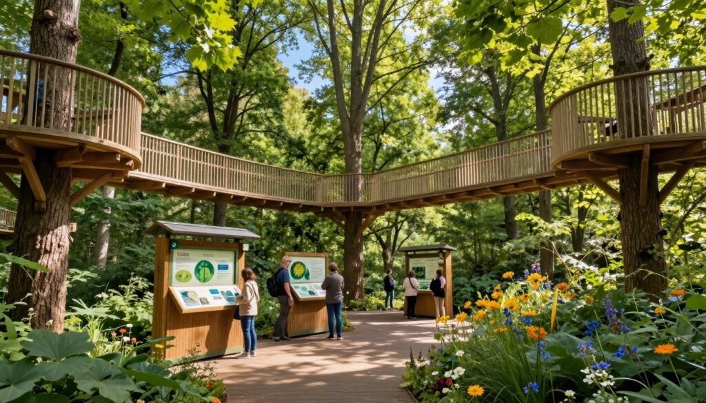 A serene view of an educational tree canopy walkway in Germany, featuring wooden platforms intertwined with vibrant green leaves and rich bark textures. In the foreground, depict informative stations with interactive displays about forest ecology, surrounded by lush foliage and colorful wildflowers. The middle ground includes several people in modest outdoor attire, exploring the stations and engaging with the exhibits, showcasing a sense of curiosity and learning. The background reveals towering trees under a clear blue sky, dappled sunlight filtering through the leaves, creating a warm, inviting atmosphere. Capture the image using a wide-angle lens to enhance the depth, emphasizing both the detailed features of the platforms and the expansive forest scenery.